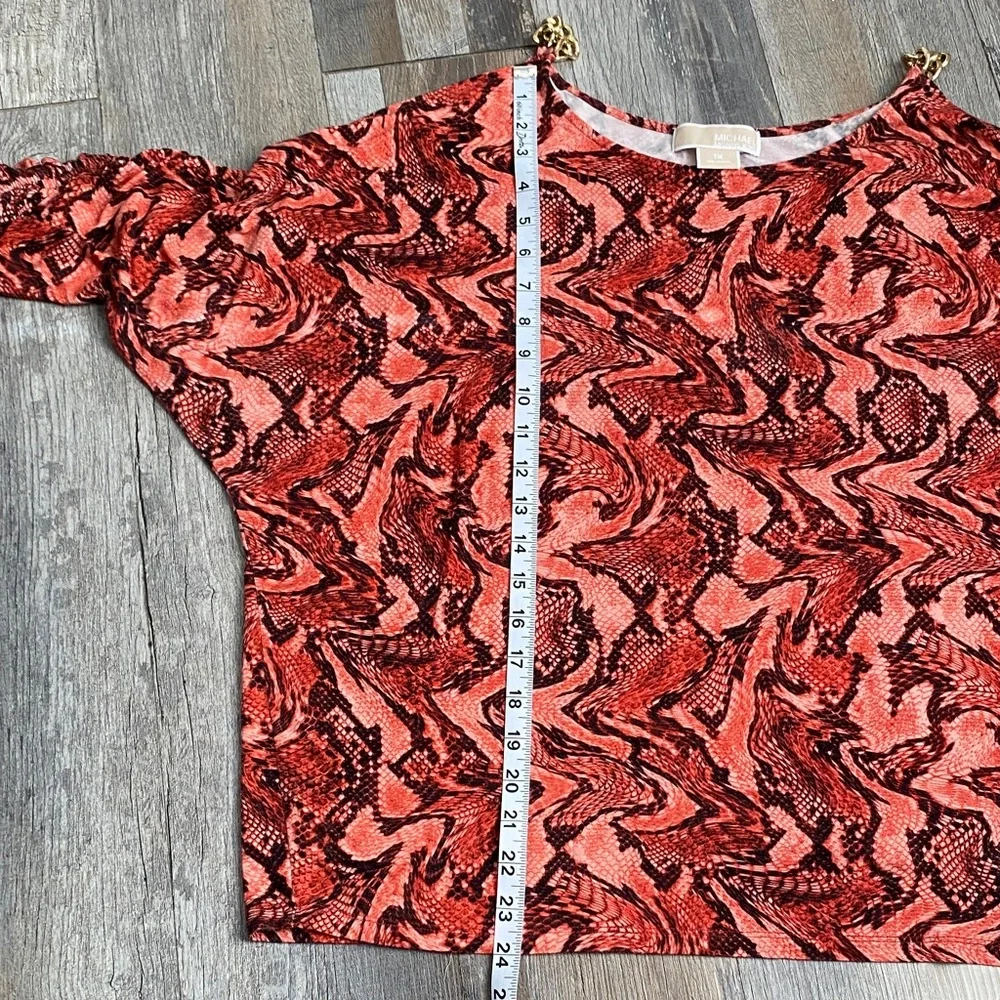 Michael Kors Red and Black Swirl Blouse with Gold Chains 3/4 sleeves